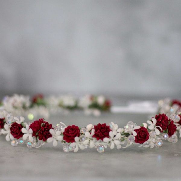 Burgundy white flower crown wedding, dainty head wreath, bridal hair accessories, thin hair crown, fine floral headpiece, flower girl halo