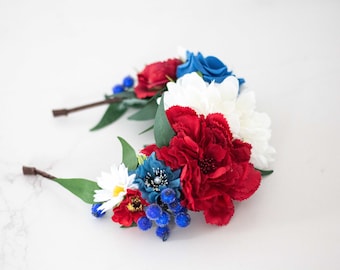 Red white blue flower headband, big flower headdress, large flower headpiece, bohemian maternity flower crown, festival hair accessories