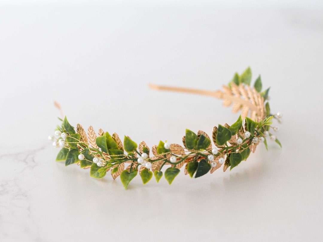 Gold Green Leaf Headband, Gold Leaf Crown, Leaf Headpiece, Gold Leaves