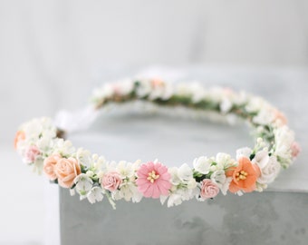 Ivory peach flower crown, apricot flower wreath, dainty floral crown, wedding flower crown, bohemian flower headband, bridal flower crown
