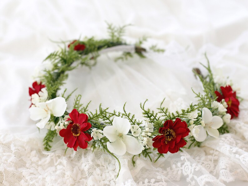 bridesmaid floral headband red white flower girl halo Burgundy flower crown for wedding bachelorette party headpiece