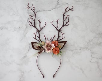 Deer Antler Flower Headband: Autumn Hairband, Animal Ear Cosplay Headpiece