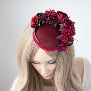 Burgundy fascinator hats for women derby, royal ascot hat, wedding guest floral headpiece, tea party head piece, women's fascinator image 5