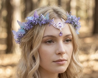 Moon Butterfly Flower Crown, Purple Elven Circlet, Fairy Headress Costume