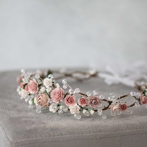 Dusty rose flower crown wedding, crystal hair wreath, dainty flower headband, bride bridesmaid flower girl halo, fine floral headpiece