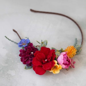 Colorful flower headband, bright flower headpiece, mexican flower crown, frida flower crown, rainbow floral headpiece, side flower hairpiece