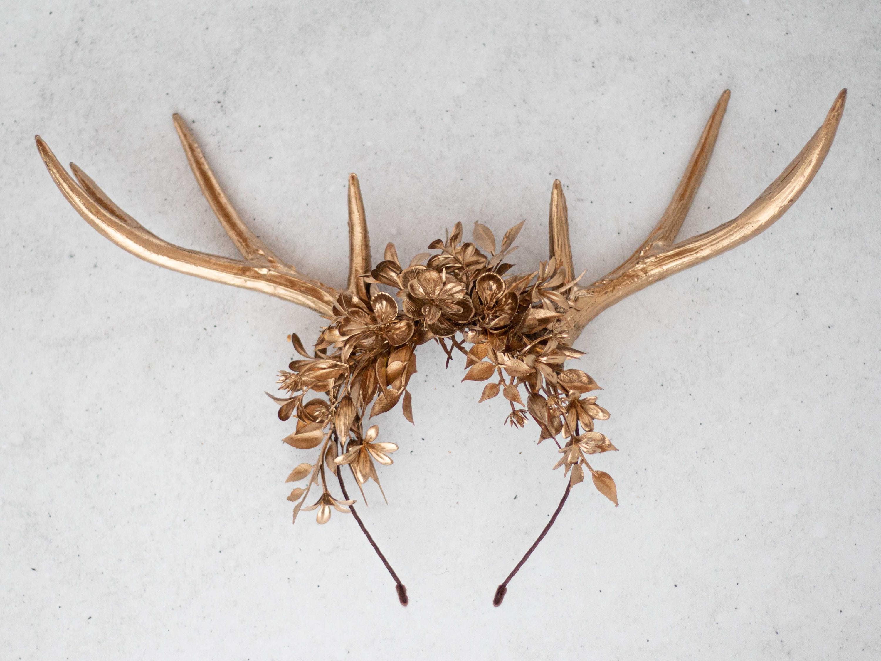 Handmade Gold Flower Antler Headband Woodland Forest Deer Horns Women Girls Gold Deer Antler Headband: Woodland Headdress With Horns - Etsy main image 4