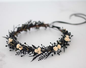 Black ivory flower crown, dark flower headband, dainty flower hair wreath, floral crown for bride bridesmaids, flower girl halo adjustable