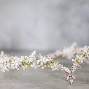 Elven tiara, white flower crown, fairy costume, wedding floral headband, crystal elven circlet, elf headpiece, flower girl halo diadem image 9