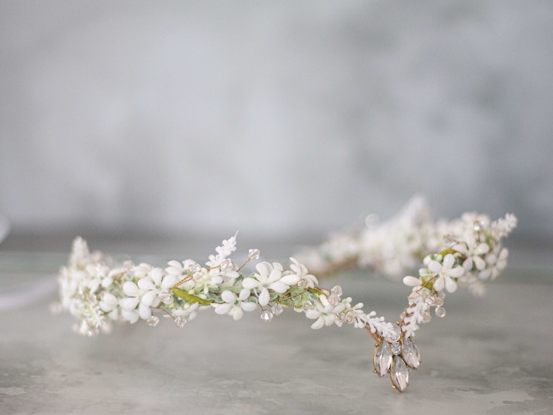 Elven tiara, white flower crown, fairy costume, wedding floral headband, crystal elven circlet, elf headpiece, flower girl halo diadem image 9