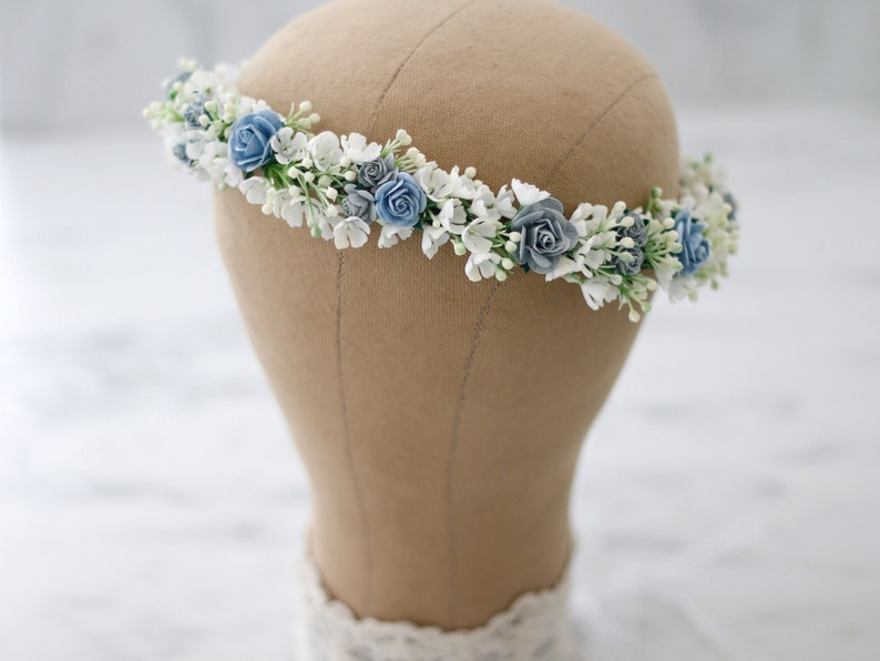 Dusty blue flower crown wedding, serenity flower crown bridal shower, flower girl halo, maternity shoot props, bridal flower wreath image 6