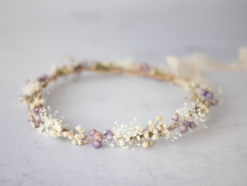 Dried flower crown for wedding, purple floral crown, baby breath headband, dainty flower headband, ivory lavender floral headband image 1