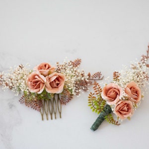 Terracotta flower comb and boutonniere wedding, fall flower hair comb, vintage bridal comb, boho floral headpiece, rustic autumn wedding set