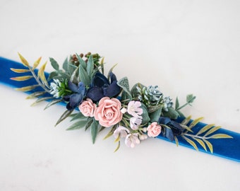 Flower sash for dress, pink navy blue velvet flower belt for baby shower, floral belt pregnancy, bride bridesmaid flower girl belt wedding