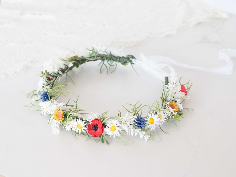 Poppy daisy flower crown wedding, baby's breath headband, dainty flower crown bridal shower, chamomile headpiece, bride flower girl halo image 9