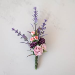Lavender boutonniere for groomsmen, pink purple wedding boutonniere, rustic floral boutonniere groom, groom&#39;s boutonnière, prom boutonniere