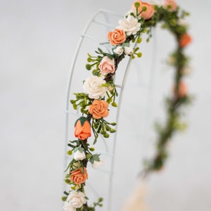 Orange flower crown wedding, dainty flower hair wreath, orange white floral garland, bride boho headband, flower girl halo adjustable