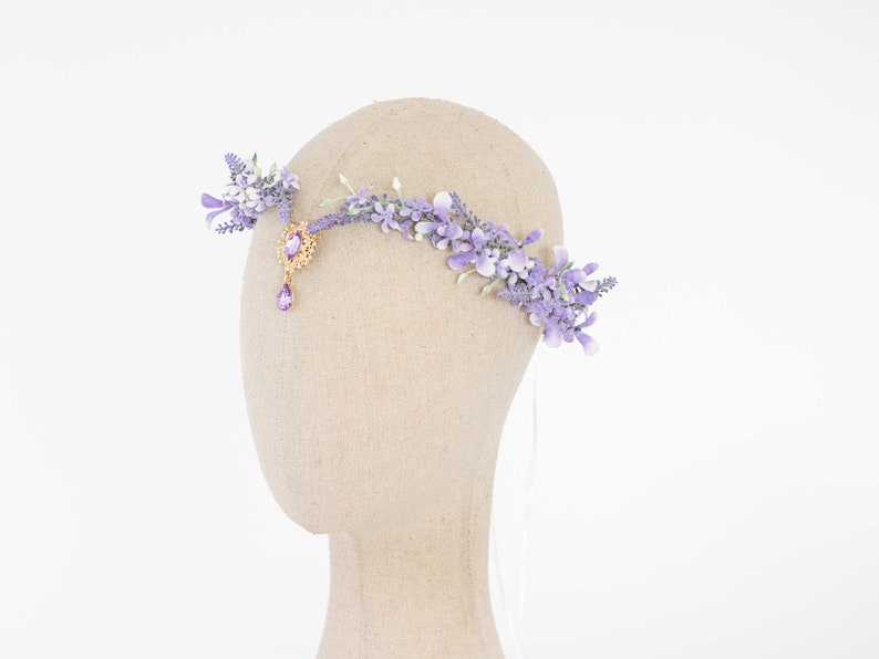 Lavender flower crown, light purple elven tiara wedding, lavender purple elf diadem for bride bridesmaids, fairy flower crown, flower halo image 6