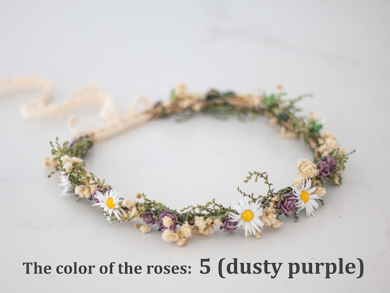Meadow flower crown, dried flower crown for wedding, daisy floral crown, wildflower headband, dainty flower headband, flower girl halo 5 (dusty purple)