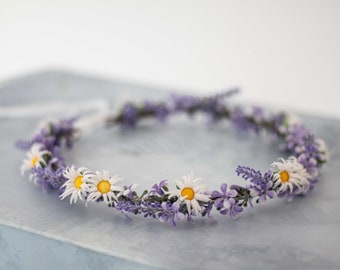 Lavender flower crown wedding, daisy hair wreath, boho bride crown, pale purple floral head wreath, dainty flower girl halo