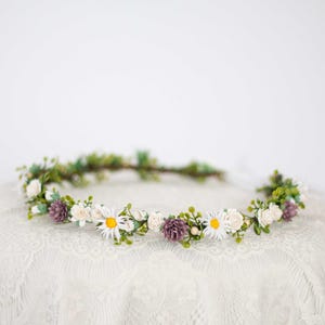 Meadow flower crown wedding, daisy hair wreath, dusty purple white floral headpiece, dainty hairpiece, flower girl halo adjustable flexible