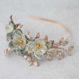 Sage Gold Flower Headband: Hydrangea & Glitter Leaf Bridal Hairpiece