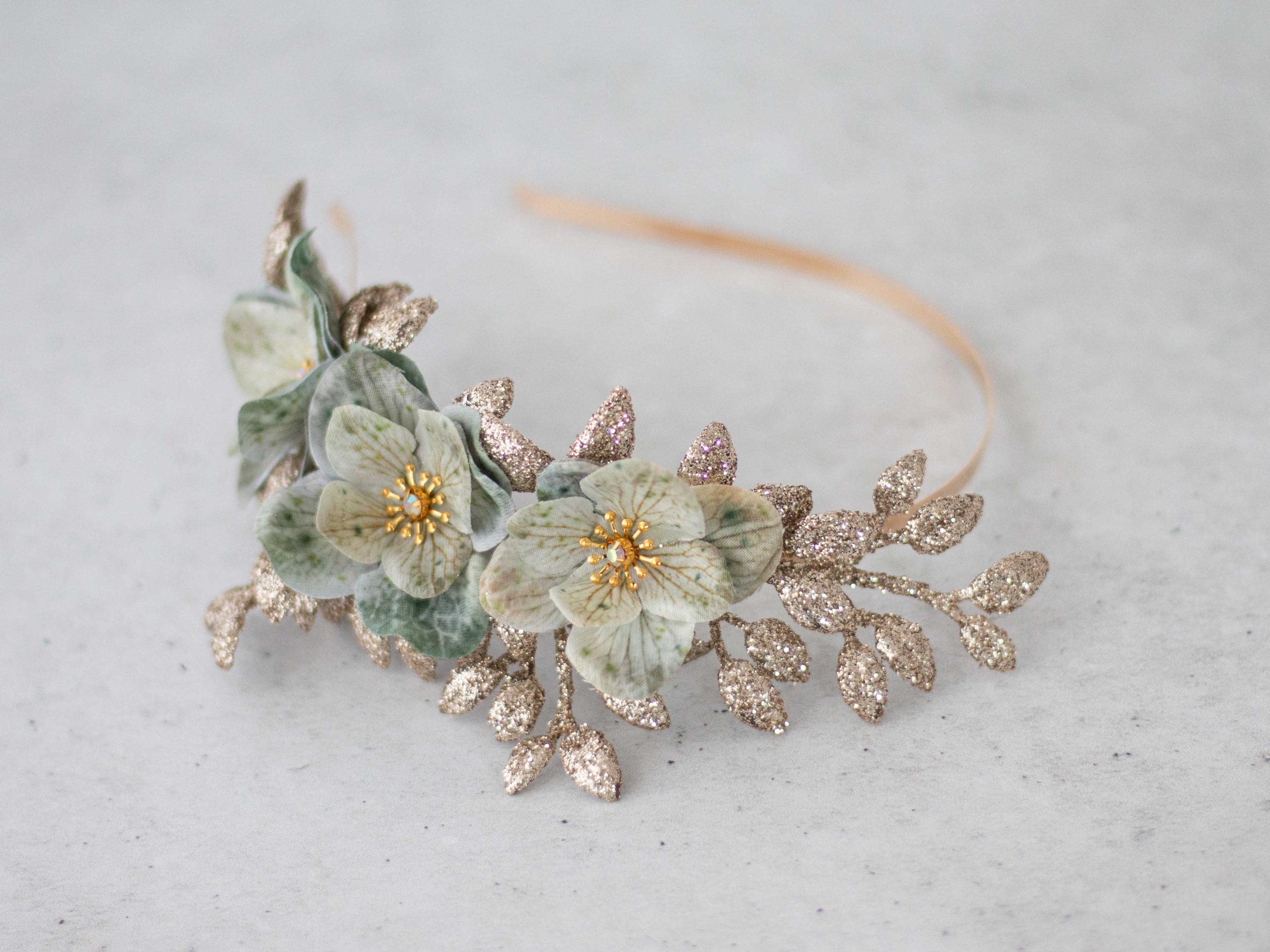 Sage Gold Flower Headband: Hydrangea & Glitter Leaf Bridal  display picture 1