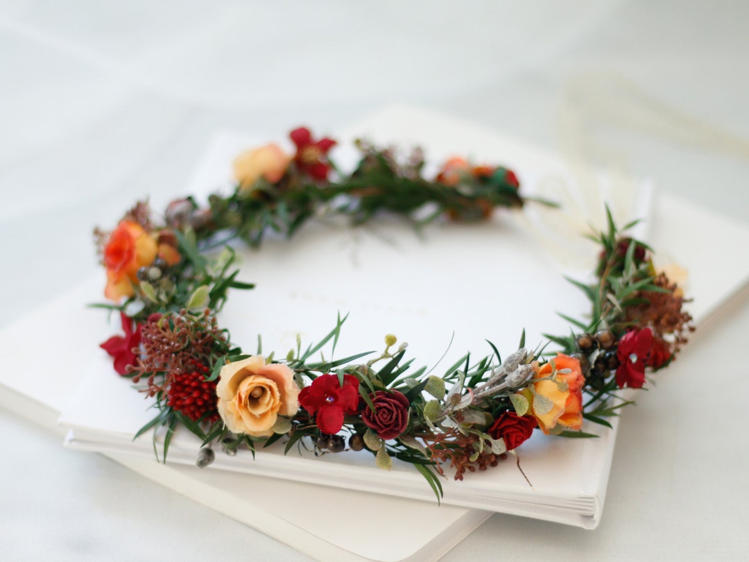 Burnt Orange Red Flower Crown, Fall Floral Wreath for Bride or