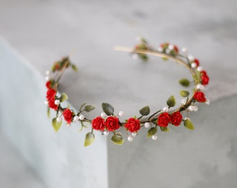 Red flower headband, dainty flower crown, fairy crown, elven tiara, lavender flower crown, bridal flower headpiece, elvish crown