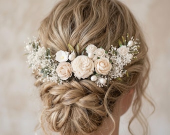 Ivory Flower Bridal Comb: Rustic Wedding Hair Accessory