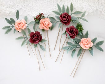 Burgundy peach flower hair pins, set floral hair pins, burgundy bobby pins wedding, bridal hair pin, burgundy bridesmaid hair pin