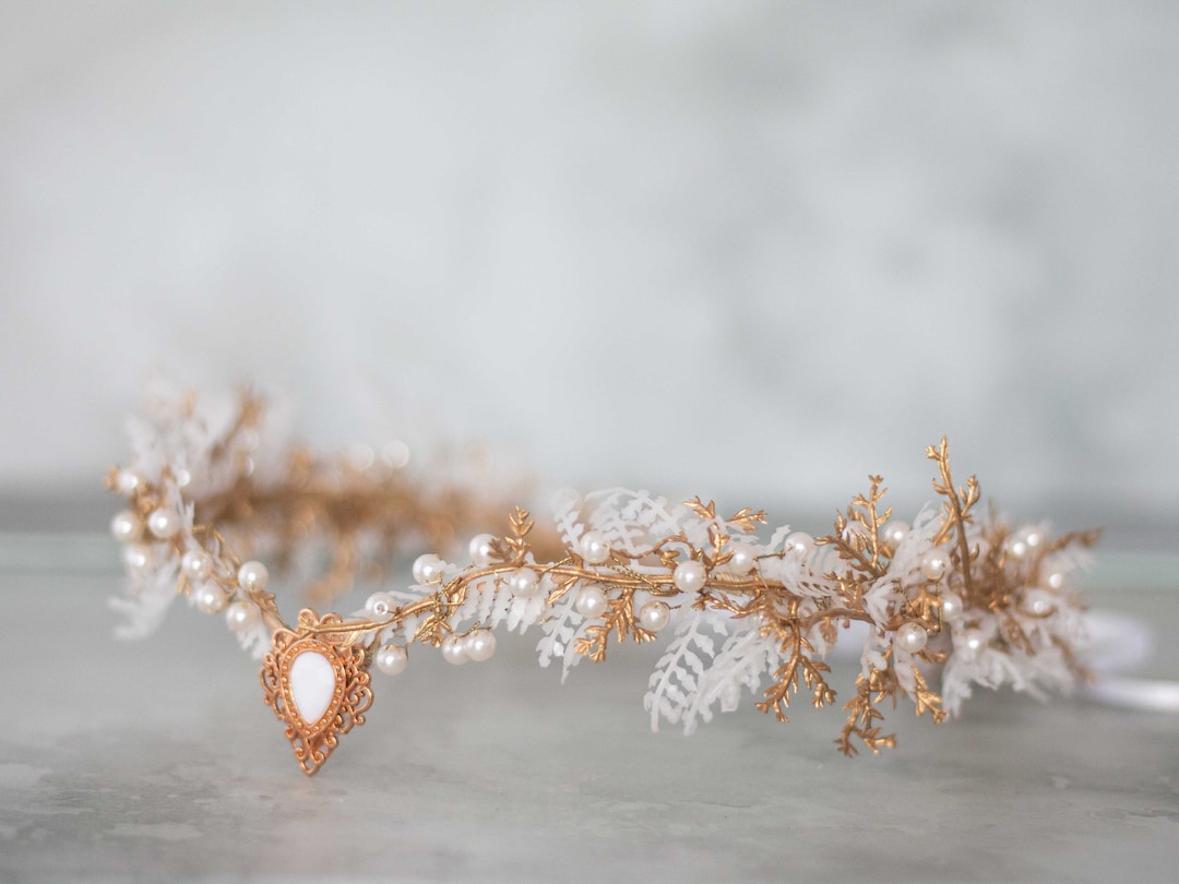 Elven Tiara, Gold White Flower Crown, Fairy Costume, Wedding Floral