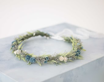 Dusty blue flower crown wedding, dainty flower hair wreath, boho headband, bride bridesmaid head piece, flower girl halo adjustable