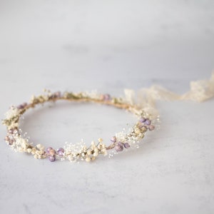 Dried flower crown for wedding, purple floral crown, baby breath headband, dainty flower headband, ivory lavender floral headband image 3