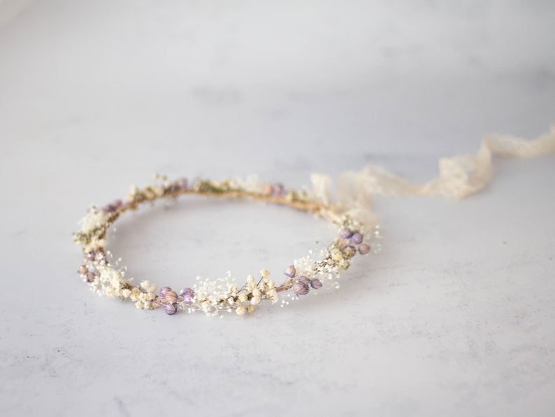 Dried flower crown for wedding, purple floral crown, baby breath headband, dainty flower headband, ivory lavender floral headband image 3