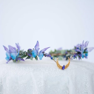 Butterfly flower crown, fantasy hair wreath, lavender elven crown, crescent moon tiara, purple elf crown, fairy costume, fairytale headband