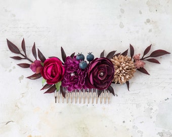 Deep purple flower comb for wedding, bright bridal comb, mexican flower hair comb, woodland floral headpiece