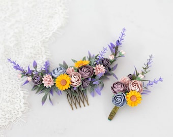 Sunflower & lavender flower comb for wedding, purple dusty rose bridal comb, long flower comb, rustic floral headpiece, sunflower hair clip