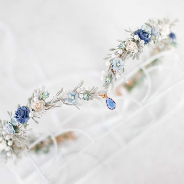 Blue Elven Crown: Fantasy Wedding Flower Tiara, Fairytale Bridal Shower