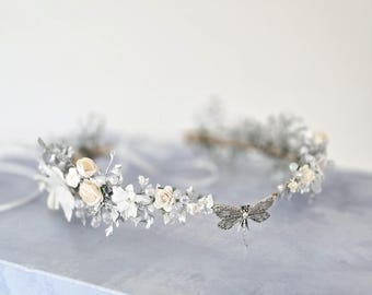 Dragonfly Fairy Crown: Silver & White Elven Queen Headpiece, Fantasy Wedding Tiara