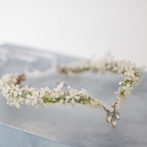 Elven tiara, white flower crown, fairy costume, wedding floral headband, crystal elven circlet, elf headpiece, flower girl halo diadem image 8