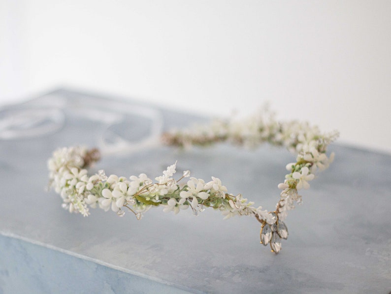 Elven tiara, white flower crown, fairy costume, wedding floral headband, crystal elven circlet, elf headpiece, flower girl halo diadem image 8