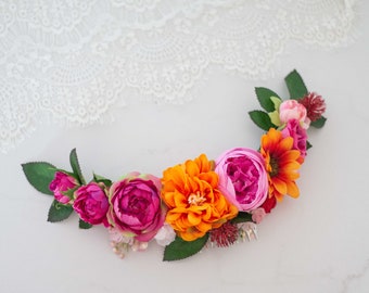 Fuchsia orange flower comb wedding, large hair comb, half flower crown, vibrant floral headpiece, big flower hair clip, wedding head piece