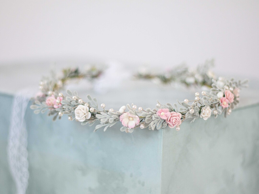 Pale Pink Rose Flower Crown for Women, Rustic Hair Wreath, Blush Floral