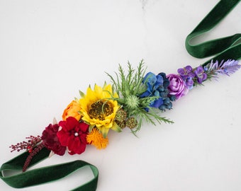 Colorful belt for dress, rainbow belt for baby shower, bright color flower belt for pregnancy, mexican flower girl belt wedding