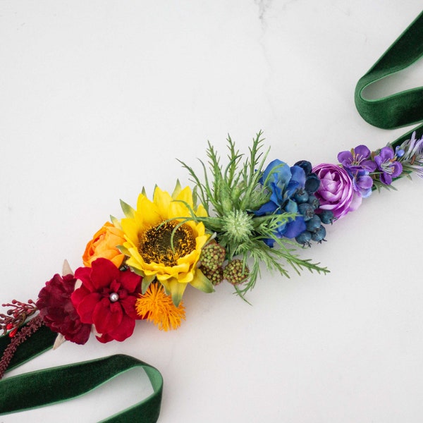 Colorful belt for dress, rainbow belt for baby shower, bright color flower belt for pregnancy, mexican flower girl belt wedding