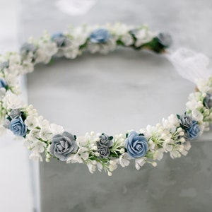 Dusty blue flower crown wedding, serenity flower crown bridal shower, flower girl halo, maternity shoot props, bridal flower wreath image 1