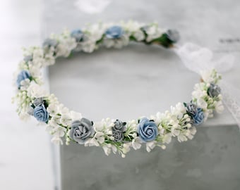 Dusty blue flower crown wedding, serenity flower crown bridal shower, flower girl halo, maternity shoot props, bridal flower wreath