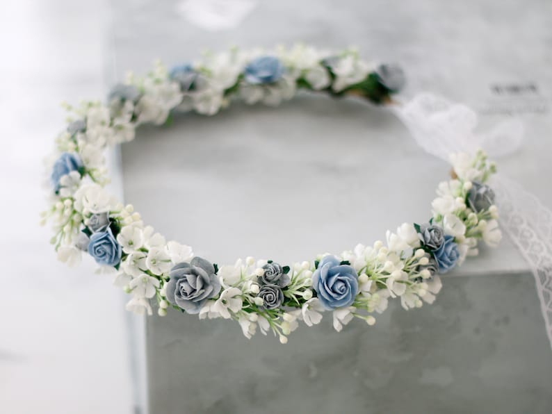 Dusty blue flower crown wedding, serenity flower crown bridal shower, flower girl halo, maternity shoot props, bridal flower wreath image 1