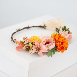 Tropical flower crown wedding, blush orange flower hairpiece, boho flower headband, bride bridesmaid headpiece, bohemian flower headdress